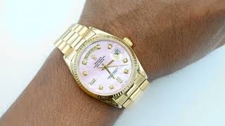 Rolex 18038 DayDate 36mm 18K Yellow Gold Fluted Bezel Aftermarket Pink Dial President Bracelet 1988 [upl. by Elleivad]