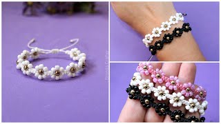 PULSERA fácil DE FLORES con hilo y mostacillaschaquiras ✿Tutorial [upl. by Eltsyek]