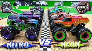 Toy Diecast Monster Truck Racing Tournament  NITRO 🆚 NEON MonsterJam Superstar Challange amp ENCORE [upl. by Ansel]