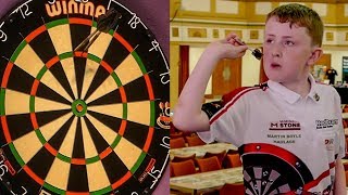 11 Year Old Darts Wonderkid Finishes a 156 On Masters Stage [upl. by Isdnil]