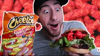 DIY HOT CHEETOS BURGER TASTE TEST [upl. by Ardnasak]