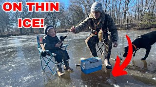 Taking my Son Ice fishing for the first time On our backyard pond This doesnt happen in Oklahoma [upl. by Nerad]