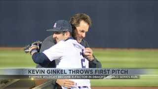 Diamondbacks relief pitcher Kevin Ginkel throws first pitch at Territorial Cup series opener [upl. by Tobiah]