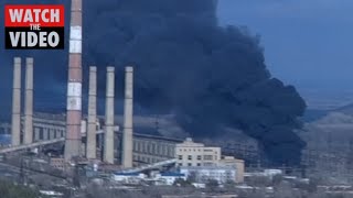 Black smoke rises from power plant hit by shelling in Ukraines Luhansk region [upl. by Lotson943]