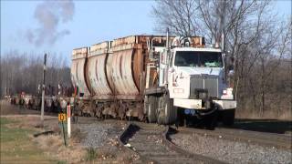 CN HiRail Boom Truck Pulling Wisconsin Central Rail Flats and Gondolas [upl. by Kneeland]