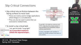 CE 414 Lecture 21 SlipCritical Connections 20210308 [upl. by Natassia]