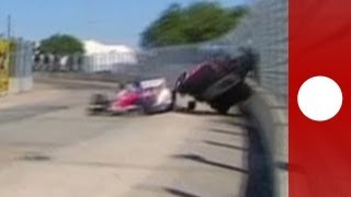 Video Dramatic crash at IndyCar 2013 Houston Grand Prix pilot Dario Franchitti injured [upl. by Klinges]