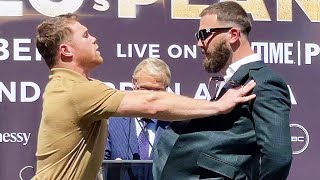 CANELO AND CALEB PLANT SWING AT EACH OTHER DURING FACE TO FACE CHAOS ERUPTS AT FIRST FACE OFF [upl. by Leelahk904]