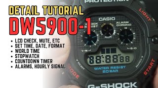 Casio GShock DW5900 Detail Settings Tutorial Module 3465 Time Date LCD Check Mute Alarm Timer [upl. by Victoria]