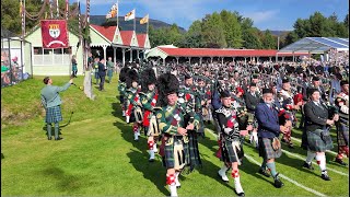 Massed Pipes amp Drums Games field march with Atholl Highlanders at 2024 Braemar Gathering in Scotland [upl. by Kate690]