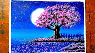 Acrylic Cherry Blossom Painting  Moonlight Step By Step Painting Tutorial  paintingforyou1963 [upl. by Nivad]