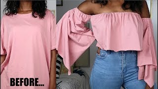 DIY FlaredBell Sleeve Crop Top  TShirt Transformation [upl. by Leahcimnoj593]