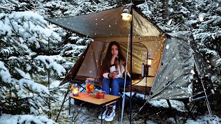 Winter Camping in Snowstorm  Solo Overnight in the woods  Cozy ASMR [upl. by Wincer]