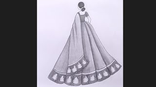 Easy Girl Back Side Drawing For Beginners \\ Traditional Girl Dress Drawing [upl. by Nohtiek]