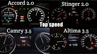 Honda accord Vs Nissan Altima Vs Toyota Camry Vs Kia Stinger top speed  0200 speed comparison [upl. by Hanshaw]