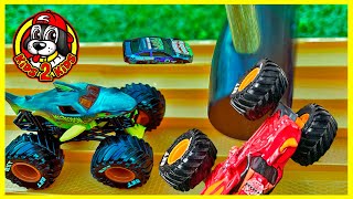 MONSTER TRUCKS VS RACE CARS 🔨 Smashing Hammer Swinging Pendulum Race Monster Jam amp Hot Wheels [upl. by Ecyla]