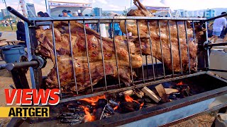 What is Mongolian Street Food Like Whole Roast Lamb Beef Ribs Grilled Chicken amp Boodog  Views [upl. by Fante]