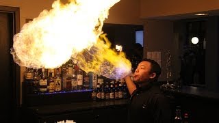 Slow Motion Fire Breathing The Manors Bartenders Play With Fire  byPeterandPaulscom [upl. by Srevart517]