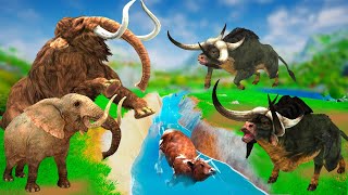 5 Giant Bulls Vs 2 Woolly Mammoths and 3 Elephants Fight  Mammoth Save Elephant Tusker Vs Bull [upl. by Adiuqram]